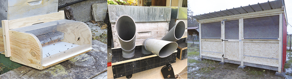 Exemple de dispositifs pour la protection des ruchers : (A) muselière grillagée, (B) muselière tube, (C) cabane grillagée - (A) (©Actu api 70 - page 6), (B) ©<span class="caps">AAVO</span>, (C) (©Actu Api 70 - page 7)